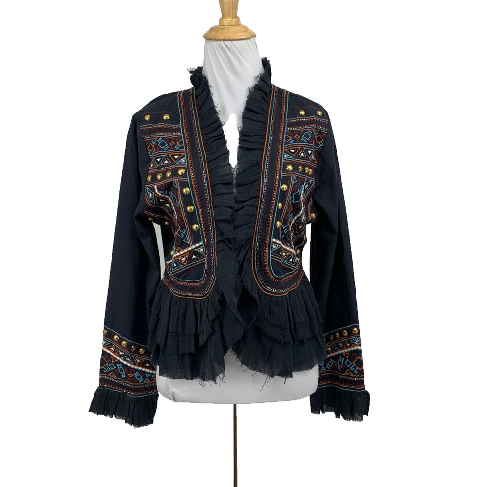 Love Sam Jacket Women M Medium Black Embellished Ruffle Open Front Anthropologie